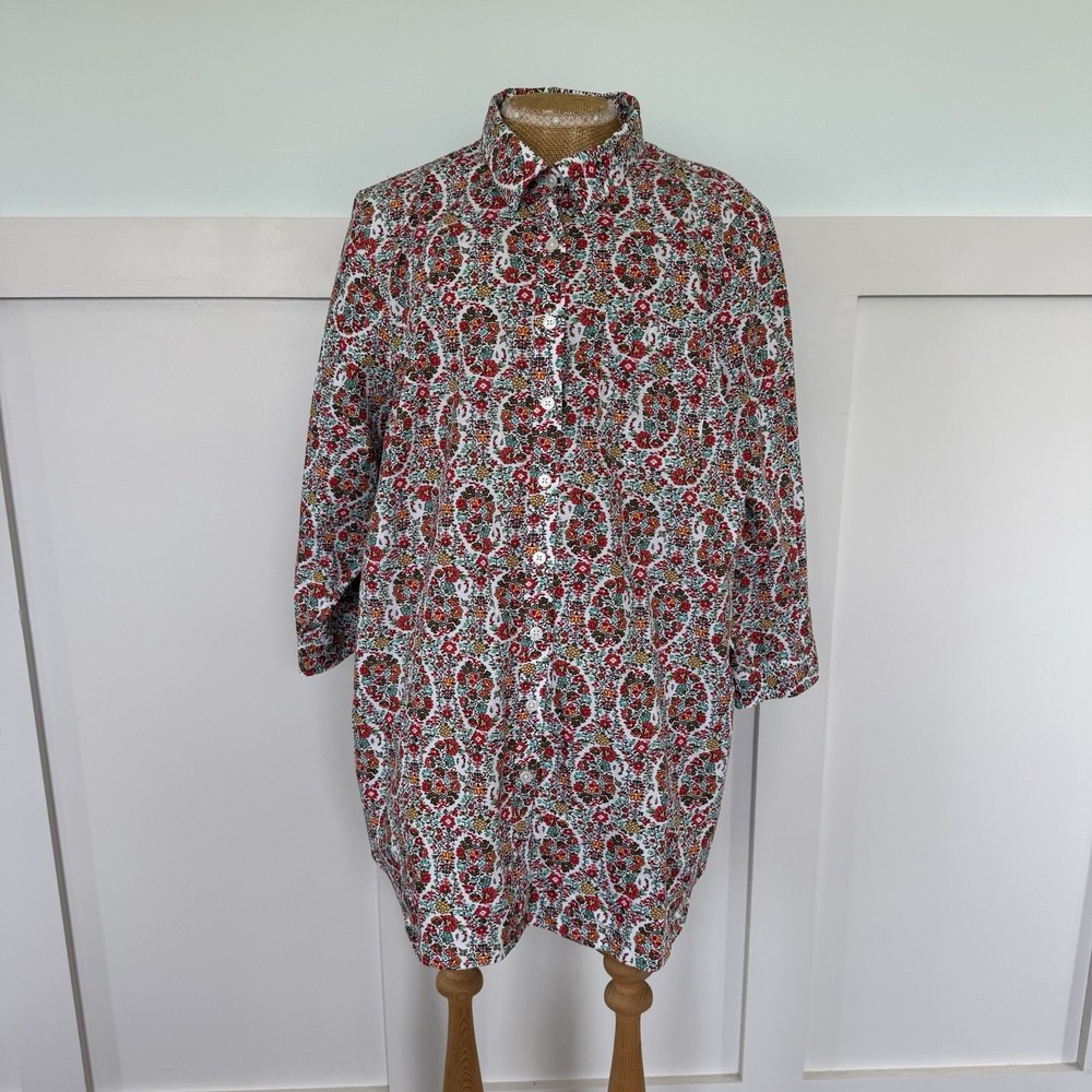 Lands' End No Iron Supima Cotton Button Down Shirt Size 20W Floral 3/4 Sleeve